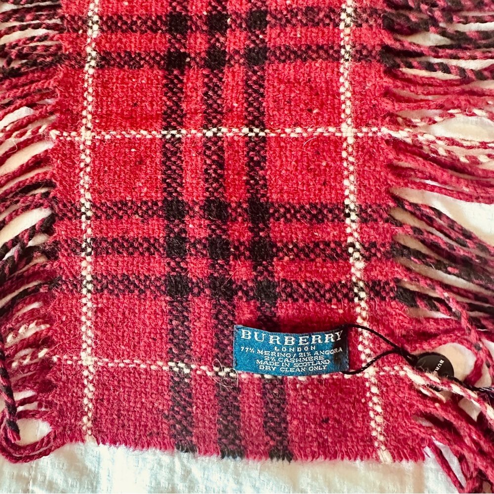 NEW tag Burberry Red Black Plaid Check Happy Fringe Scarf Merino Angora Cashmere - Picture 11 of 11